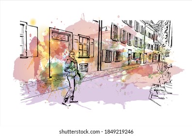 Building view with landmark of Basel is a city on the Rhine River in northwest Switzerland. Watercolor splash with hand drawn sketch illustration in vector.