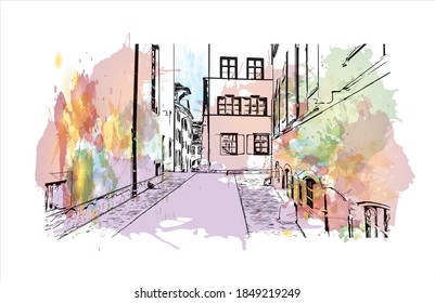 Building view with landmark of Basel is a city on the Rhine River in northwest Switzerland. Watercolor splash with hand drawn sketch illustration in vector.