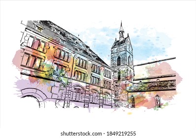 Building view with landmark of Basel is a city on the Rhine River in northwest Switzerland. Watercolor splash with hand drawn sketch illustration in vector.