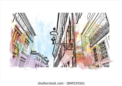 Building view with landmark of Basel is a city on the Rhine River in northwest Switzerland. Watercolor splash with hand drawn sketch illustration in vector.