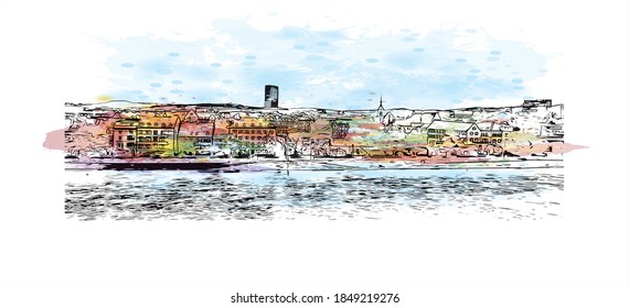 Building view with landmark of Basel is a city on the Rhine River in northwest Switzerland. Watercolor splash with hand drawn sketch illustration in vector.