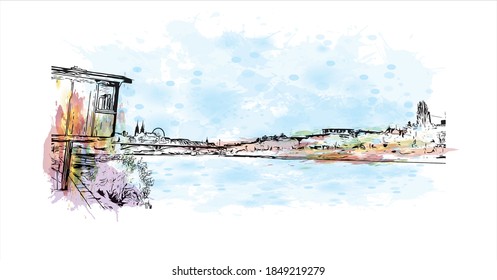 Building view with landmark of Basel is a city on the Rhine River in northwest Switzerland. Watercolor splash with hand drawn sketch illustration in vector.