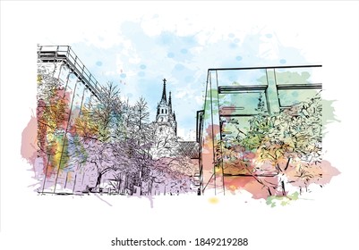 Building view with landmark of Basel is a city on the Rhine River in northwest Switzerland. Watercolor splash with hand drawn sketch illustration in vector.