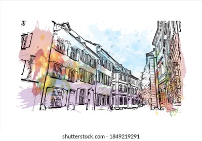 Building view with landmark of Basel is a city on the Rhine River in northwest Switzerland. Watercolor splash with hand drawn sketch illustration in vector.