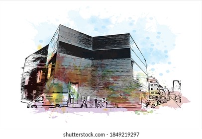 Building view with landmark of Basel is a city on the Rhine River in northwest Switzerland. Watercolor splash with hand drawn sketch illustration in vector.