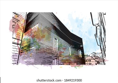 Building view with landmark of Basel is a city on the Rhine River in northwest Switzerland. Watercolor splash with hand drawn sketch illustration in vector.