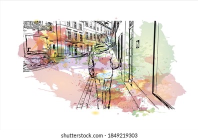 Building view with landmark of Basel is a city on the Rhine River in northwest Switzerland. Watercolor splash with hand drawn sketch illustration in vector.