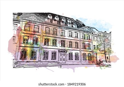 Building view with landmark of Basel is a city on the Rhine River in northwest Switzerland. Watercolor splash with hand drawn sketch illustration in vector.