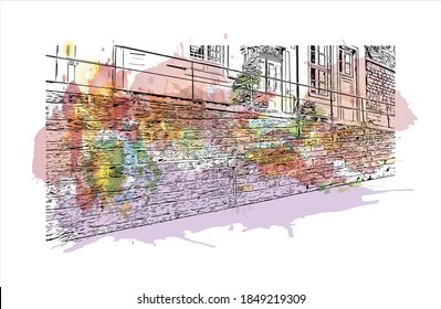 Building view with landmark of Basel is a city on the Rhine River in northwest Switzerland. Watercolor splash with hand drawn sketch illustration in vector.