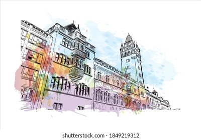 Building view with landmark of Basel is a city on the Rhine River in northwest Switzerland. Watercolor splash with hand drawn sketch illustration in vector.