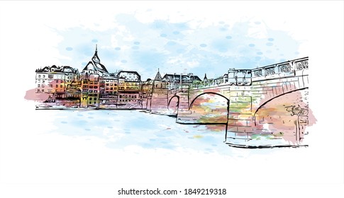 Building view with landmark of Basel is a city on the Rhine River in northwest Switzerland. Watercolor splash with hand drawn sketch illustration in vector.