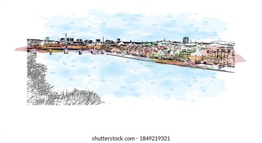 Building view with landmark of Basel is a city on the Rhine River in northwest Switzerland. Watercolor splash with hand drawn sketch illustration in vector.