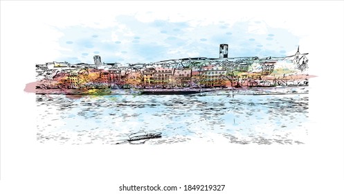 Building view with landmark of Basel is a city on the Rhine River in northwest Switzerland. Watercolor splash with hand drawn sketch illustration in vector.