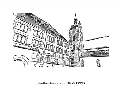 Building view with landmark of Basel is a city on the Rhine River in northwest Switzerland. Hand drawn sketch illustration in vector.