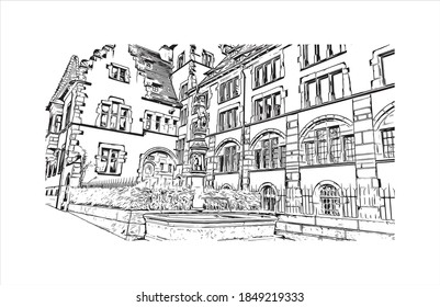 Building view with landmark of Basel is a city on the Rhine River in northwest Switzerland. Hand drawn sketch illustration in vector.