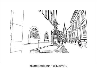 Building view with landmark of Basel is a city on the Rhine River in northwest Switzerland. Hand drawn sketch illustration in vector.