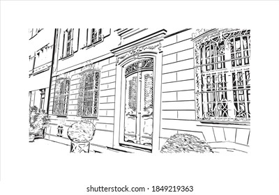 Building view with landmark of Basel is a city on the Rhine River in northwest Switzerland. Hand drawn sketch illustration in vector.