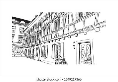 Building view with landmark of Basel is a city on the Rhine River in northwest Switzerland. Hand drawn sketch illustration in vector.