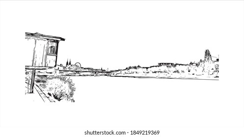 Building view with landmark of Basel is a city on the Rhine River in northwest Switzerland. Hand drawn sketch illustration in vector.