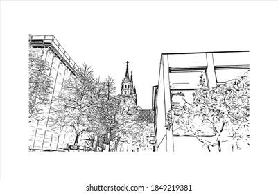 Building view with landmark of Basel is a city on the Rhine River in northwest Switzerland. Hand drawn sketch illustration in vector.