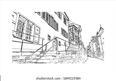 Building view with landmark of Basel is a city on the Rhine River in northwest Switzerland. Hand drawn sketch illustration in vector.