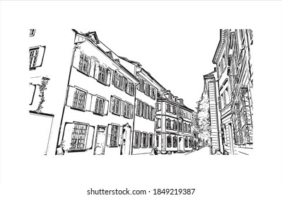 Building view with landmark of Basel is a city on the Rhine River in northwest Switzerland. Hand drawn sketch illustration in vector.