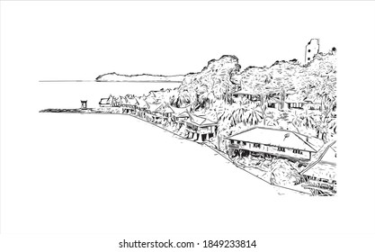 Building view with landmark of Batam is the largest city in  Indonesia. Hand drawn sketch illustration in vector.