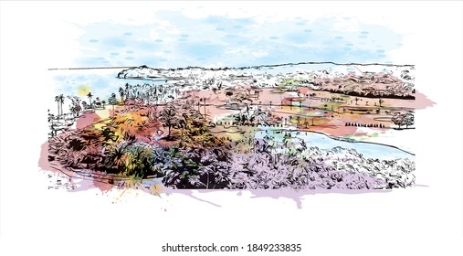 Building view with landmark of Batam is the largest city in  Indonesia. Watercolor splash with hand drawn sketch illustration in vector.