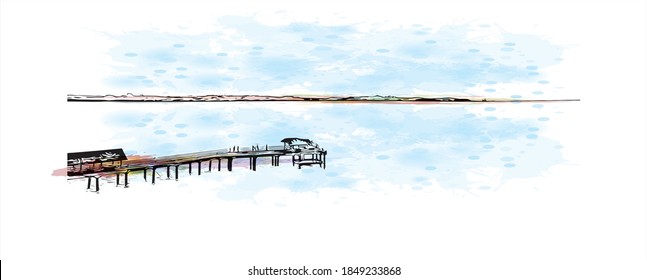 Construir vistas con el punto de referencia de Batam es la ciudad más grande de Indonesia. Salto de color de agua con ilustración de esbozo dibujada a mano en vector.