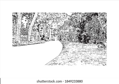 Construir vistas con el punto de referencia de Batam es la ciudad más grande de Indonesia. Dibujo a mano de ilustración de esbozo en vector.