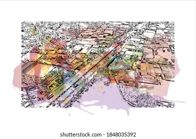 Der Blick auf den Bau mit Wahrzeichen Batangas ist eine Provinz auf den Philippinen. Aquarellspritzer mit handgezeichneter Skizzengrafik in Vektorgrafik.