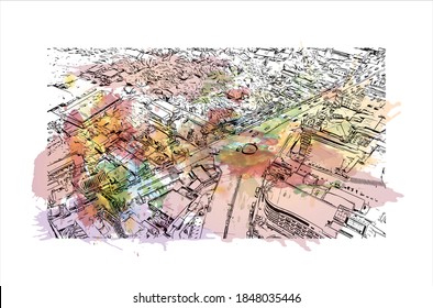 Der Blick auf den Bau mit Wahrzeichen Batangas ist eine Provinz auf den Philippinen. Aquarellspritzer mit handgezeichneter Skizzengrafik in Vektorgrafik.