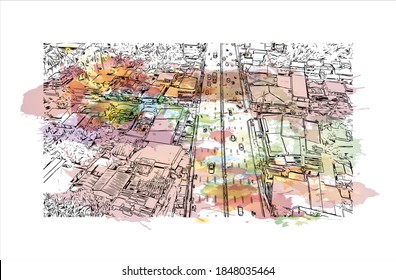 Der Blick auf den Bau mit Wahrzeichen Batangas ist eine Provinz auf den Philippinen. Aquarellspritzer mit handgezeichneter Skizzengrafik in Vektorgrafik.