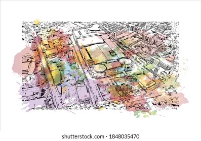 Der Blick auf den Bau mit Wahrzeichen Batangas ist eine Provinz auf den Philippinen. Aquarellspritzer mit handgezeichneter Skizzengrafik in Vektorgrafik.