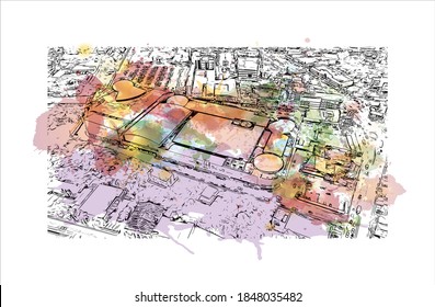 Der Blick auf den Bau mit Wahrzeichen Batangas ist eine Provinz auf den Philippinen. Aquarellspritzer mit handgezeichneter Skizzengrafik in Vektorgrafik.