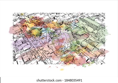 Der Blick auf den Bau mit Wahrzeichen Batangas ist eine Provinz auf den Philippinen. Aquarellspritzer mit handgezeichneter Skizzengrafik in Vektorgrafik.