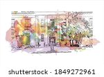 Building view with landmark of Baton Rouge is a city in Louisiana. Watercolor splash with hand drawn sketch illustration in vector.