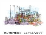 Building view with landmark of Baton Rouge is a city in Louisiana. Watercolor splash with hand drawn sketch illustration in vector.
