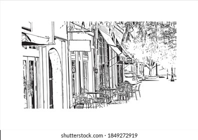 Building view with landmark of Baton Rouge is a city in Louisiana. Hand drawn sketch illustration in vector.