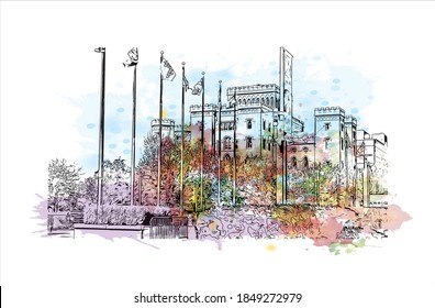 Building view with landmark of Baton Rouge is a city in Louisiana. Watercolor splash with hand drawn sketch illustration in vector.