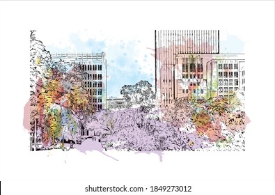 Building view with landmark of Baton Rouge is a city in Louisiana. Watercolor splash with hand drawn sketch illustration in vector.