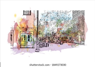 Die Stadt Louisiana ist ein Ort, an dem sich die Stadt Baton Rouge befindet. Aquarellspritzer mit handgezeichneter Skizzengrafik in Vektorgrafik.