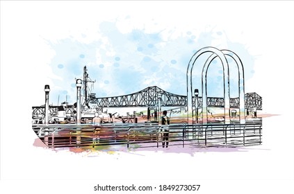 Building view with landmark of Baton Rouge is a city in Louisiana. Watercolor splash with hand drawn sketch illustration in vector.