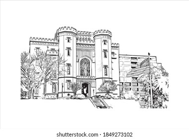 Building view with landmark of Baton Rouge is a city in Louisiana. Hand drawn sketch illustration in vector.