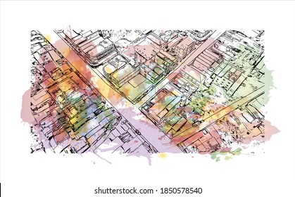 Building view with landmark of Battambang is a city in northwestern Cambodia. watercolour splash with hand drawn sketch illustration in vector.