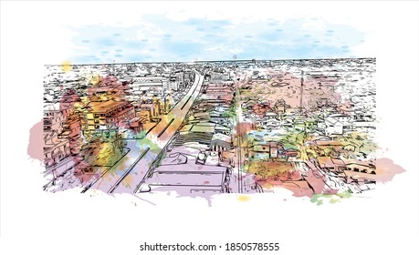 Building view with landmark of Battambang is a city in northwestern Cambodia. watercolour splash with hand drawn sketch illustration in vector.
