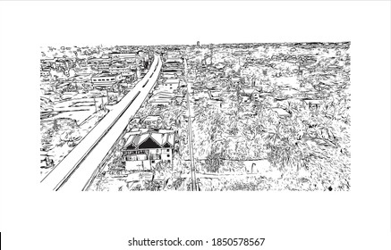Building view with landmark of Battambang is a city in northwestern Cambodia. Hand drawn sketch illustration in vector.