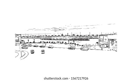 Building view with landmark of Batumi, a Black Sea resort and port city, is the capital of the Georgian republic of Adjara. Hand drawn sketch illustration in vector.