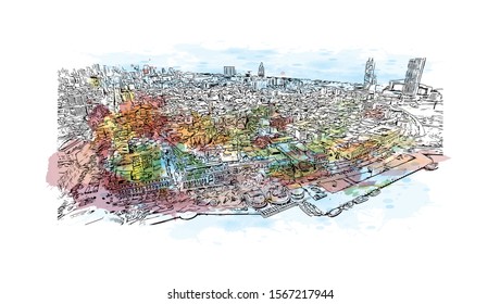 Building view with landmark of Batumi, a Black Sea resort and port city, is the capital of the Georgian republic of Adjara. Watercolor splash with Hand drawn sketch illustration in vector.