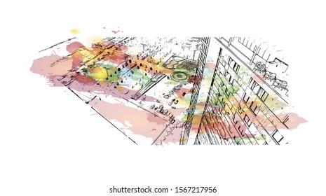 Building view with landmark of Batumi, a Black Sea resort and port city, is the capital of the Georgian republic of Adjara. Watercolor splash with Hand drawn sketch illustration in vector.